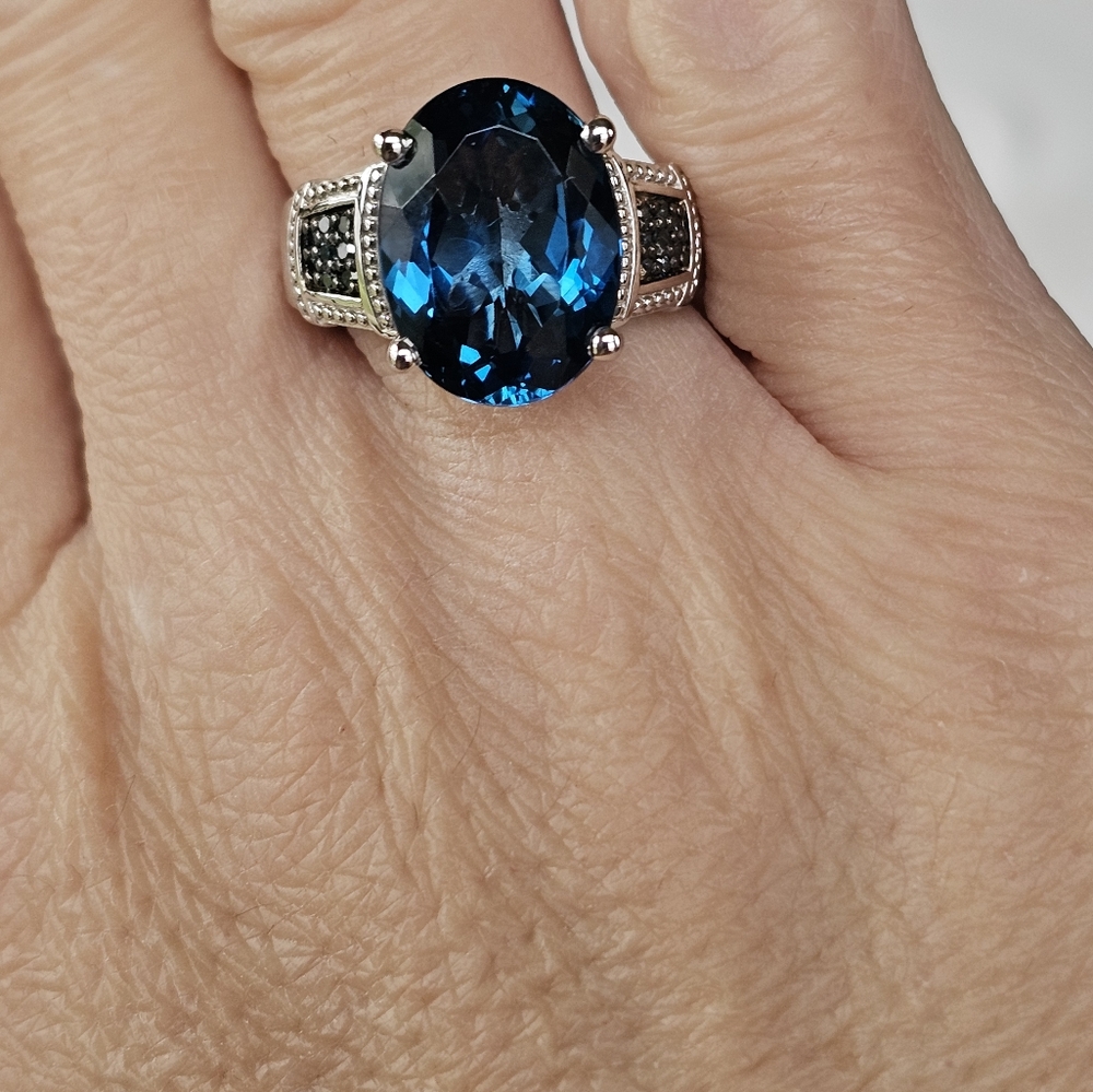 Natural London Blue Topaz & Teal Diamond Ring in Sterling Silver Sz 9! - Picture 13 of 16